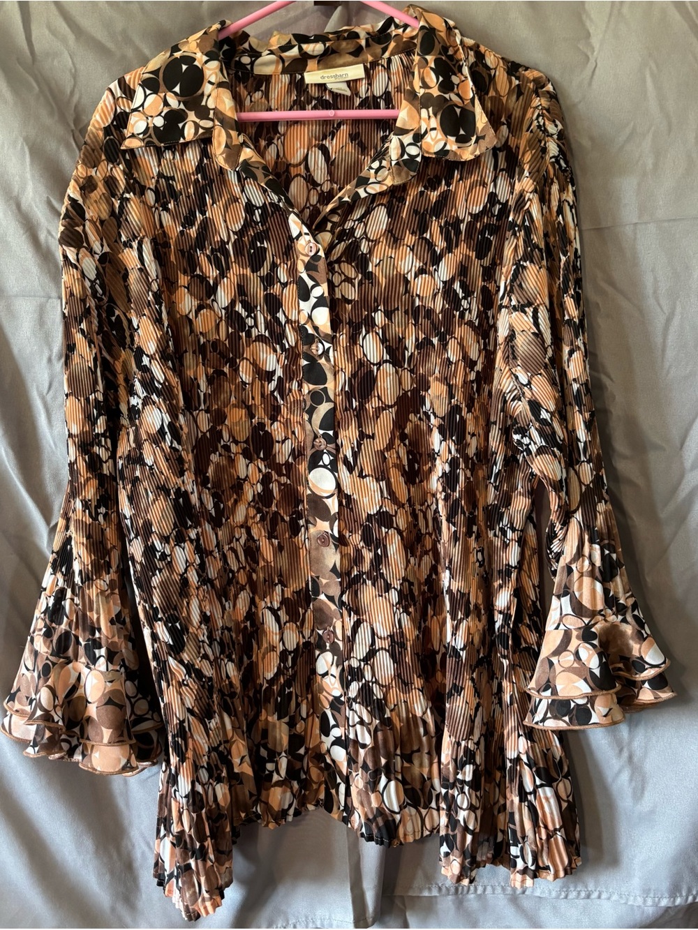 Dress Barn Brown, Cream and Black Pleated Button-Down Blouse